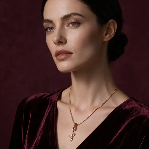 Gold_Tone_Stainless_Steel_Pink_Stone_Floral_Pendant_Necklace_For_Women