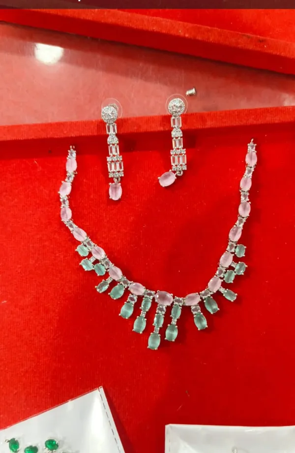 Silver_Brass_Pink_Green_Stone_Floral_Necklace_Set_For_Women