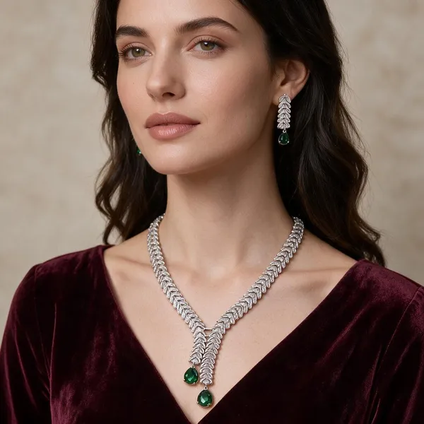 Silver_Brass_Green_Stone_Leaf_Necklace_And_Earrings_Set_For_Women