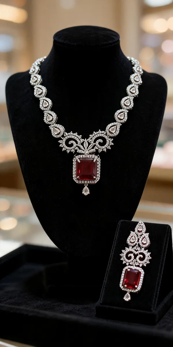 Silver_Brass_Red_Stone_Necklace_Set_For_Women