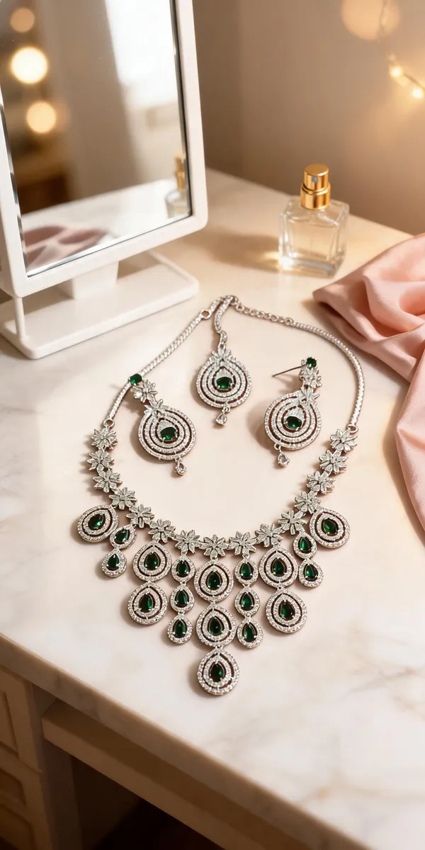 Silver_Brass_Green_Teardrop_Stone_Layered_Necklace_Set_For_Women