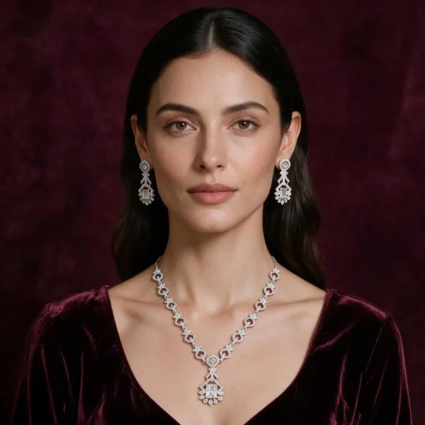 Silver_Brass_Floral_Loop_Necklace_And_Earrings_Set_For_Women