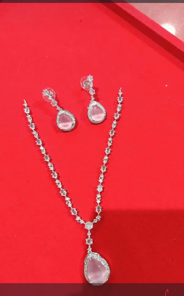 Silver_Brass_Pink_Stone_Necklace_And_Earrings_Set_For_Women