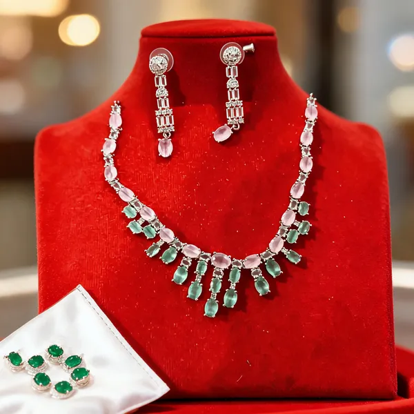 Silver_Brass_Pink_Green_Stone_Floral_Necklace_Set_For_Women