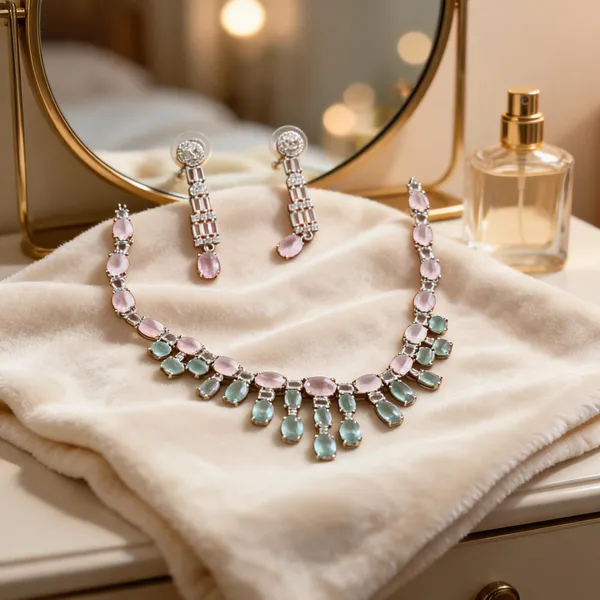 Silver_Brass_Pink_Green_Stone_Floral_Necklace_Set_For_Women
