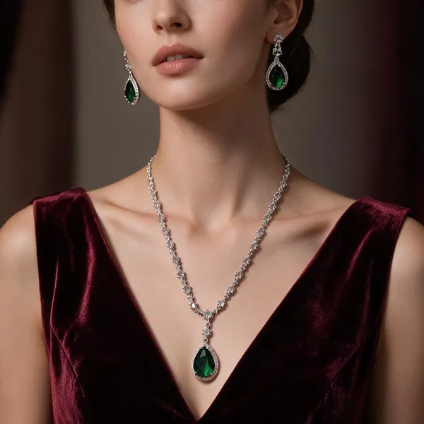 Silver_Brass_Green_Teardrop_Stone_Necklace_Set_For_Women