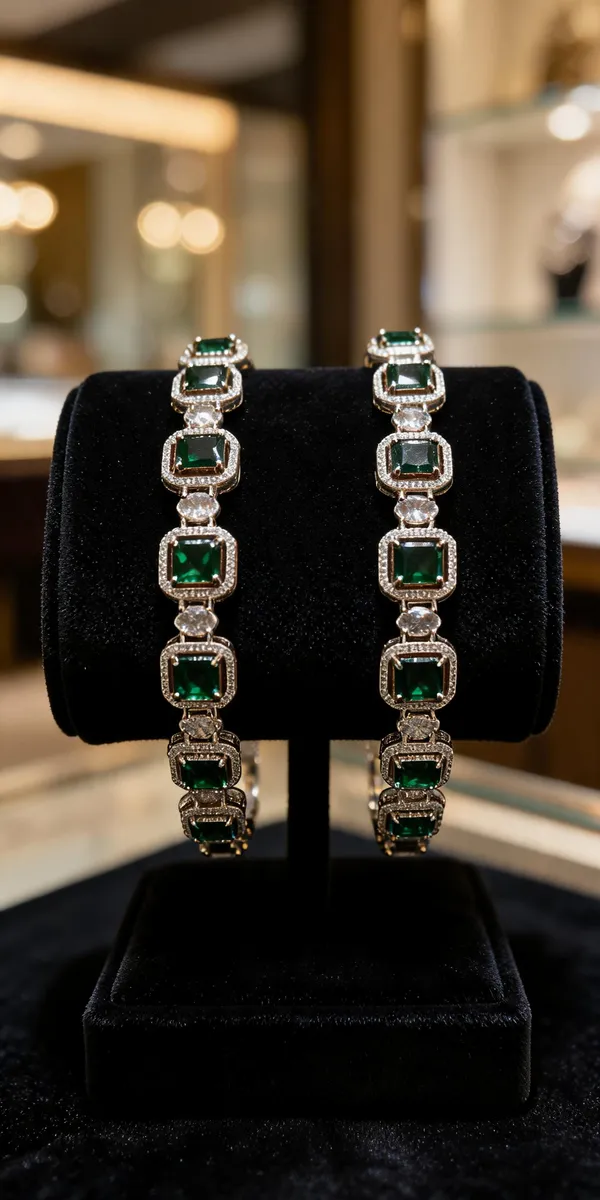 Silver_Brass_Green_Stone_Link_Bracelet_Set_For_Women