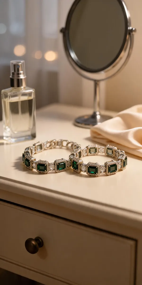 Silver_Brass_Green_Stone_Link_Bracelet_Set_For_Women