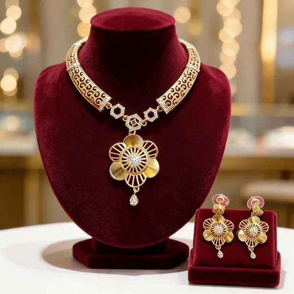 Gold_Brass_Floral_Necklace_And_Earrings_Set_For_Women