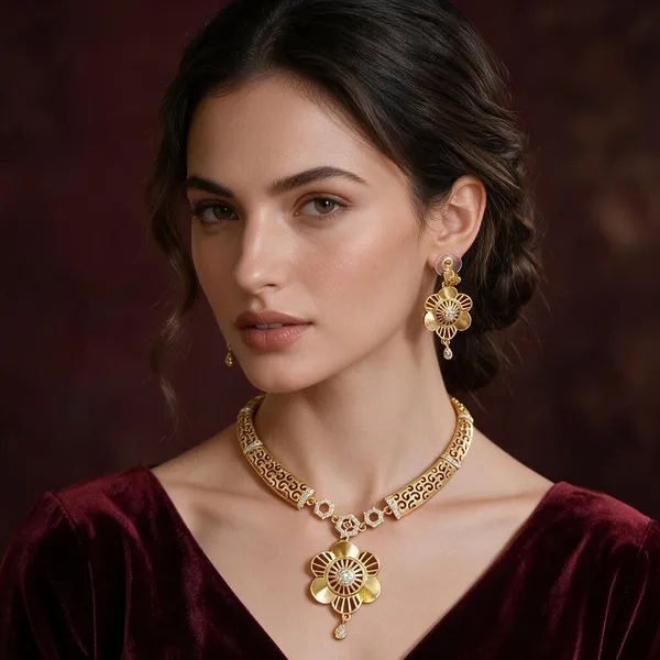 Gold_Brass_Floral_Necklace_And_Earrings_Set_For_Women
