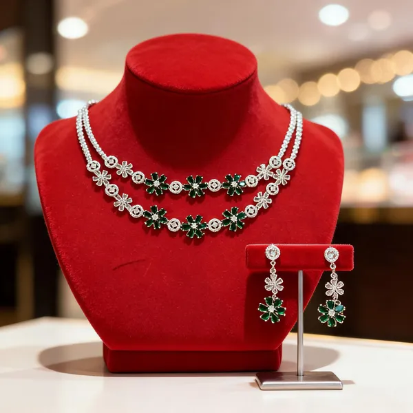 Silver_Brass_Green_Stone_Floral_Layered_Necklace_Set_For_Women