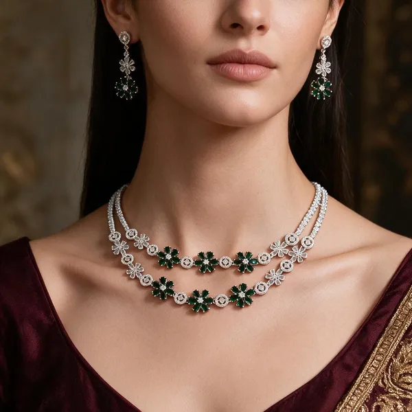 Silver_Brass_Green_Stone_Floral_Layered_Necklace_Set_For_Women