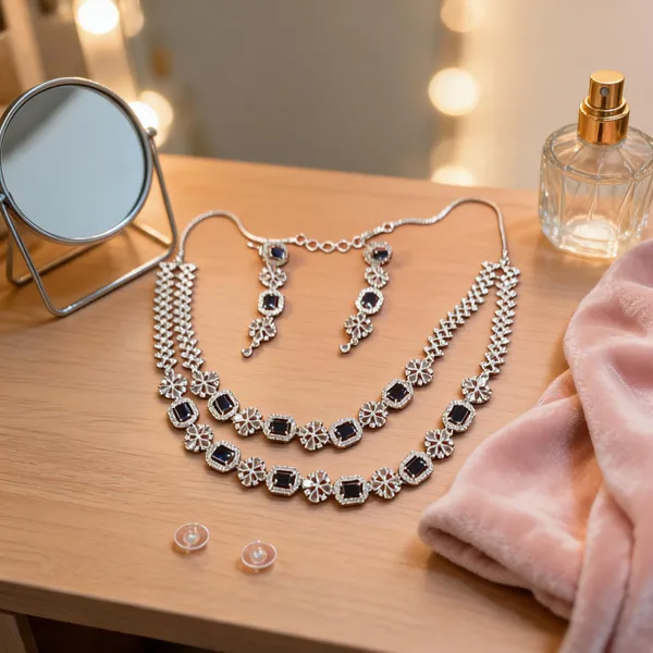 Silver_Brass_Dark_Stone_Double_Strand_Necklace_Set_For_Women