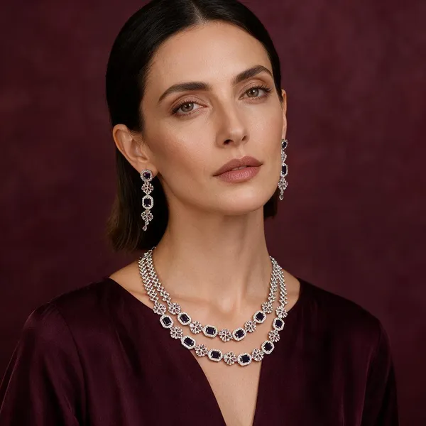 Silver_Brass_Dark_Stone_Double_Strand_Necklace_Set_For_Women