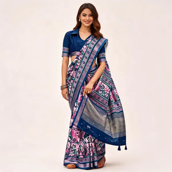 Blue_Cotton_Linen_Floral_Print_Saree_For_Women