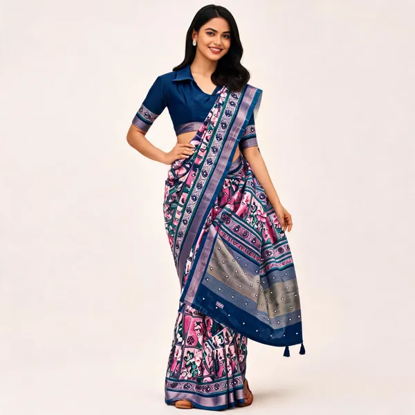 Blue_Cotton_Linen_Floral_Print_Saree_For_Women