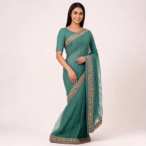 Teal_Chiffon_Embroidered_Saree_For_Women