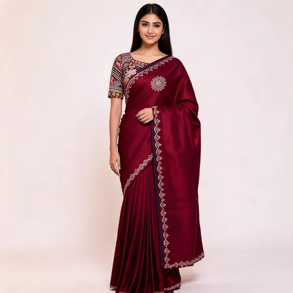 Maroon_Fandy_Satin_Embroidered_Saree_For_Women