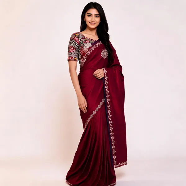 Maroon_Fandy_Satin_Embroidered_Saree_For_Women