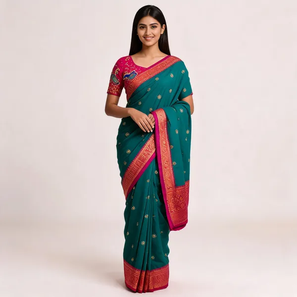 Teal_Ecrelic_Cotton_Traditional_Saree_For_Women