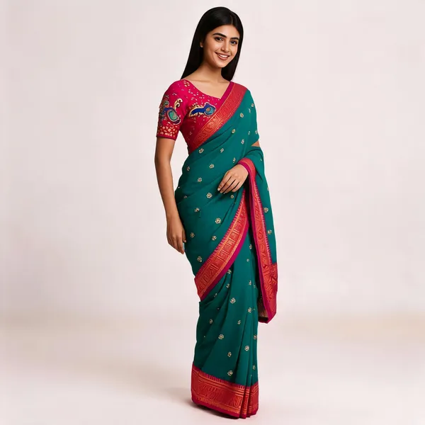 Teal_Ecrelic_Cotton_Traditional_Saree_For_Women