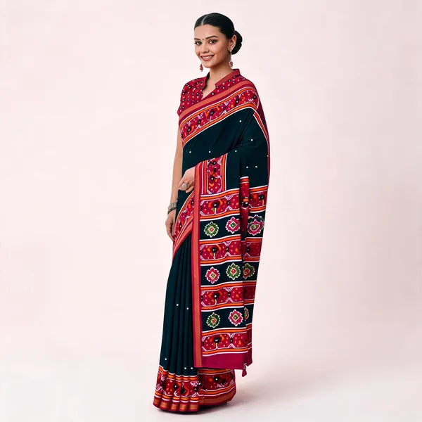Teal_And_Maroon_Cotton_Linen_Printed_Saree_For_Women