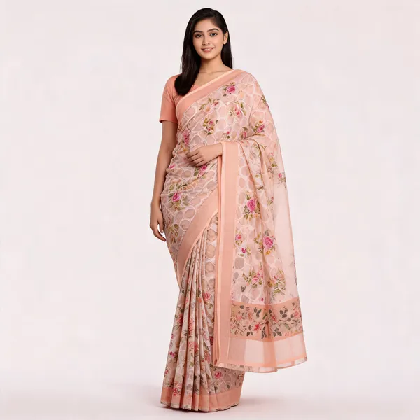 Peach_Cotton_Brasso_Floral_Print_Saree_For_Women