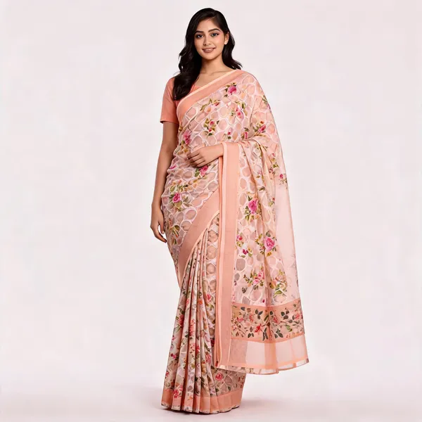 Peach_Cotton_Brasso_Floral_Print_Saree_For_Women