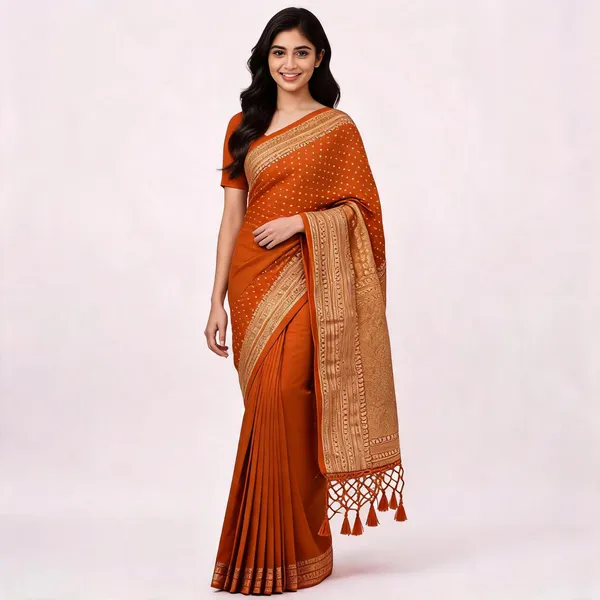 Rust_Georgette_Butti_Woven_Tassel_Saree_For_Women