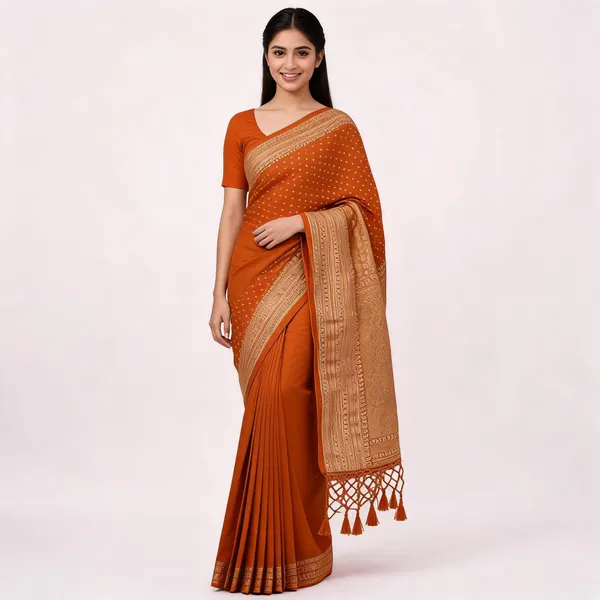Rust_Georgette_Butti_Woven_Tassel_Saree_For_Women