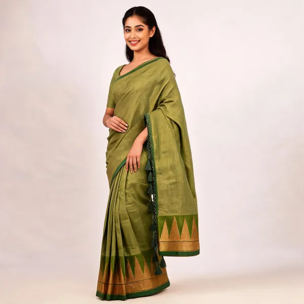 Olive_Green_Kora_Silk_Woven_Tassel_Border_Saree_For_Women