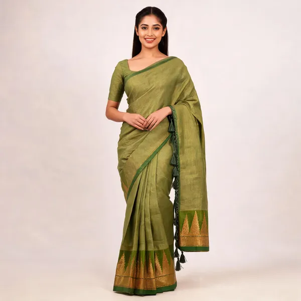 Olive_Green_Kora_Silk_Woven_Tassel_Border_Saree_For_Women