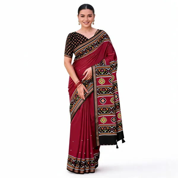 Maroon_Cotton_Linen_Printed_Saree_With_Blouse_For_Women
