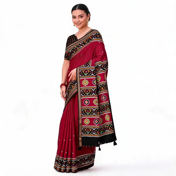 Maroon_Cotton_Linen_Printed_Saree_With_Blouse_For_Women