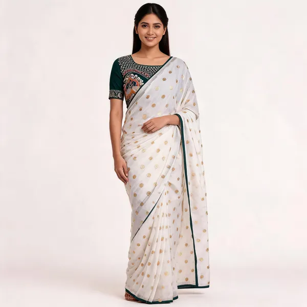White_Green_Vichitra_Silk_Embellished_Saree_For_Women