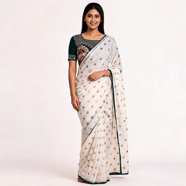 White_Green_Vichitra_Silk_Embellished_Saree_For_Women