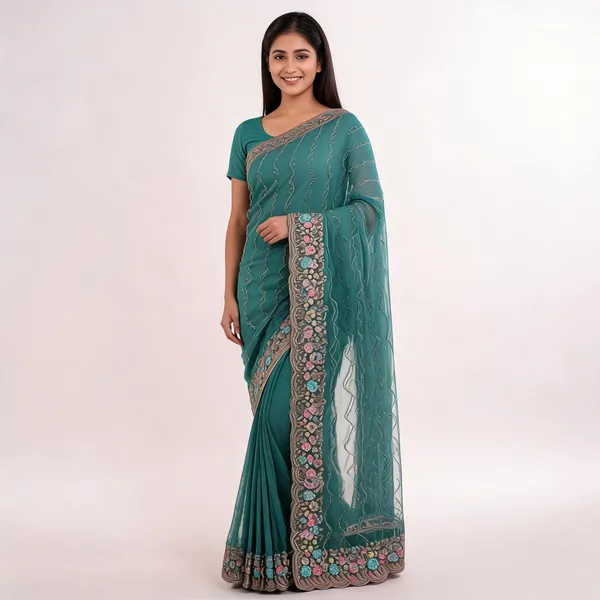 Teal_Chiffon_Embroidered_Saree_For_Women