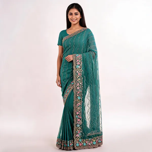 Teal_Chiffon_Embroidered_Saree_For_Women