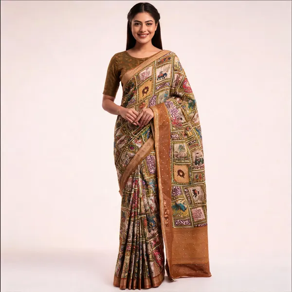 Brown_Cotton_Linen_Printed_Saree_For_Women
