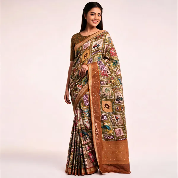 Brown_Cotton_Linen_Printed_Saree_For_Women