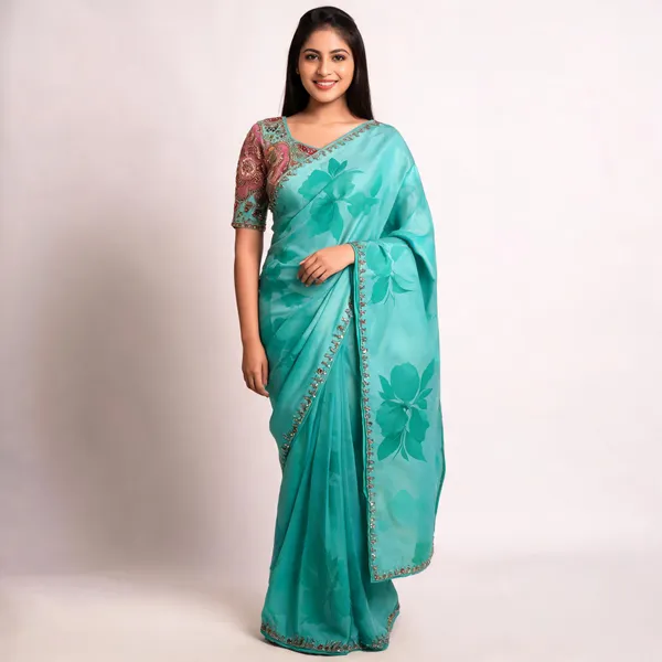 Turquoise_Moss_Satin_Floral_Print_Saree_For_Women