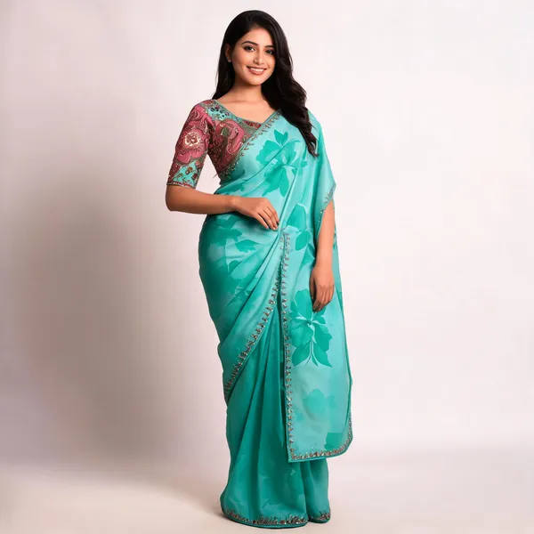 Turquoise_Moss_Satin_Floral_Print_Saree_For_Women