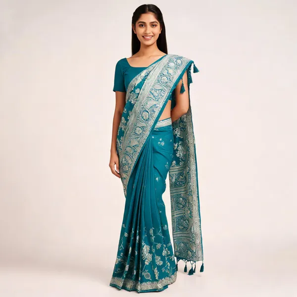 Teal_Soft_Silk_Printed_Tassel_Saree_For_Women