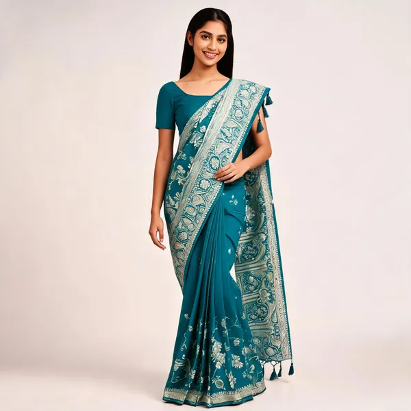 Teal_Soft_Silk_Printed_Tassel_Saree_For_Women