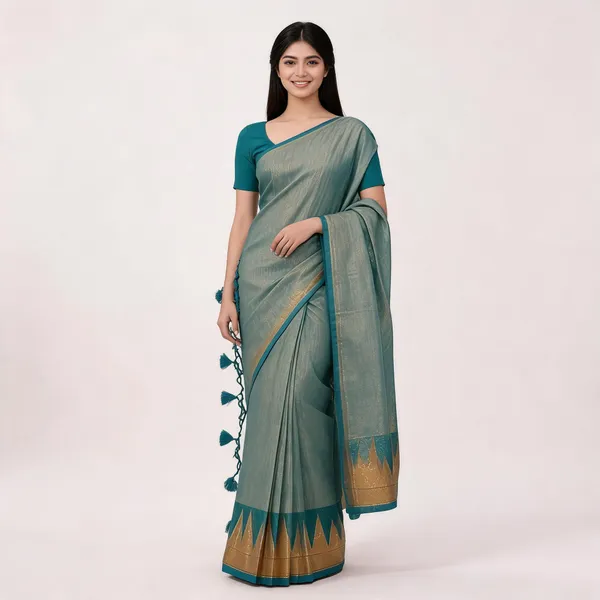 Teal_Kora_Silk_Woven_Border_Saree_For_Women
