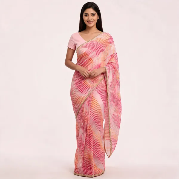Pink_Lehriya_Chiffon_Striped_Saree_For_Women