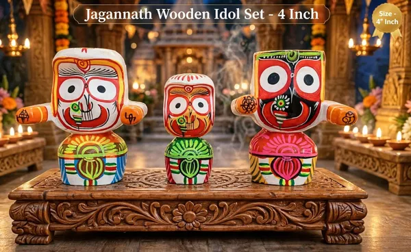 4"_Multicolour_Wooden_Jagannath_Idol_Set_Of_3_
