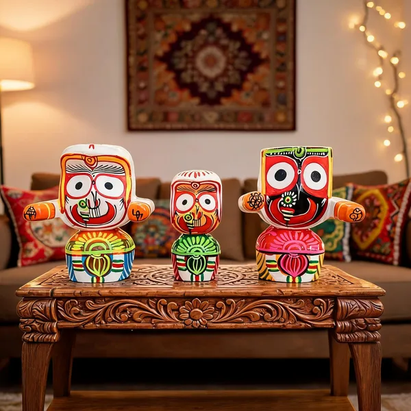 4"_Multicolour_Wooden_Jagannath_Idol_Set_Of_3_