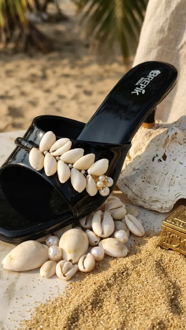 BREPIK_Women's_Cowrie_Shell_Black_Kitten_Heel_Sandals