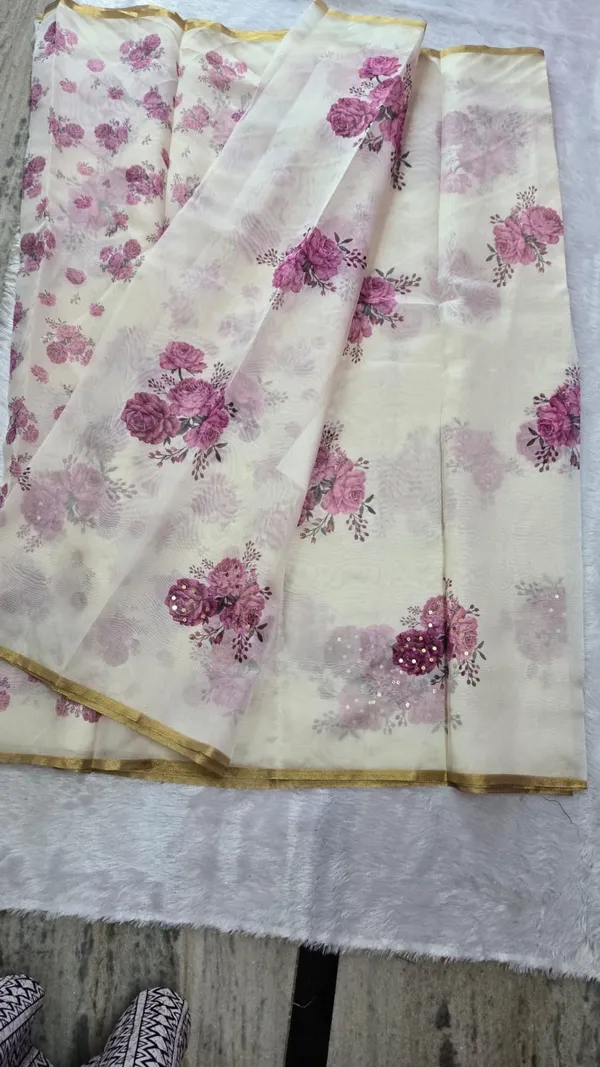 Cream_White_And_Pink_Organza__Saree_Daily_Wear_For_Women